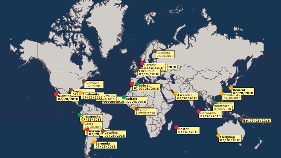 een schermafdruk van NS Voyage Manager met gegevens over gebeurtenissen voor een vloot
